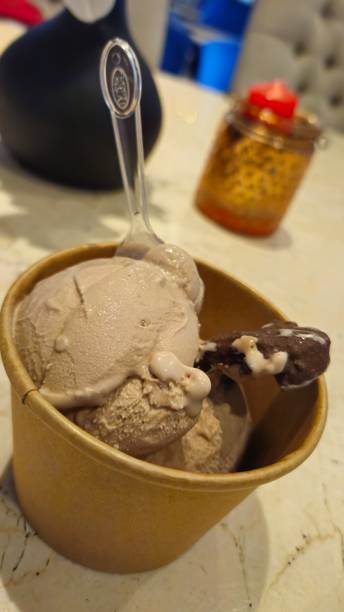 istock chocolate ice cream with spoon on the brown bowl 2191108267