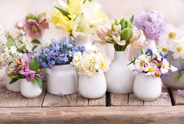 Delicate blooming light springtime flowers in vases, spring blossoming floral festive background, bouquets floral card, selective focus, shallow DOF