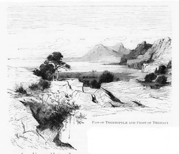 Hot sulphur springs in Thermopylae in Greek mythology was the opening to Hades (hell), Thessaly coast, Greece.  Engravings published in 1882. Original edition is from my own archives. Copyright has expired and is in Public Domain.