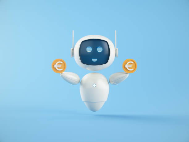 istock Coin with Euro symbol in hands of Artificial Intelligence chatbot assistant on blue background. 2191122782