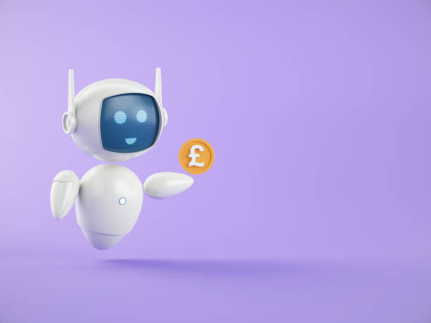 istock Coin with Pound Symbol in hand of Artificial Intelligence chatbot assistant on purple background. 2191122803