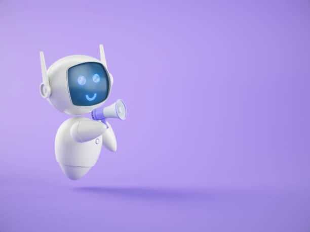 istock Megaphone in hand of Artificial intelligence chatbot assistant on purple background. 2191122936