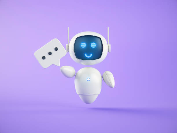 istock Speech bubble in hand of Artificial Intelligence chatbot assistant on purple background. 2191123033