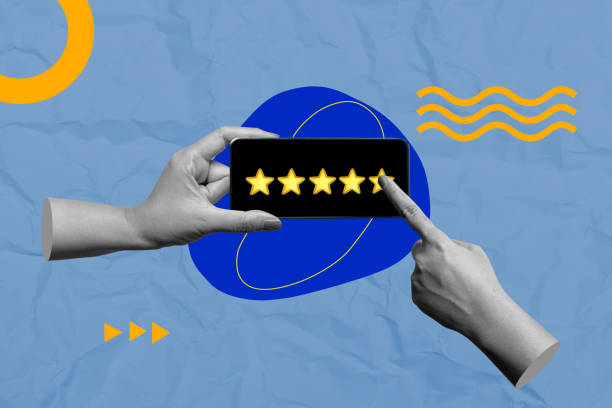 istock Human hand give a five star rating on mobile phone screen with a colored background 2191128141