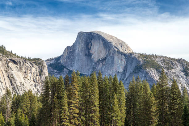 Springtime view of Half Dome from Glacier Point with snow covered peaks in background.\n\nTaken in Yosemite National Park, California, USA