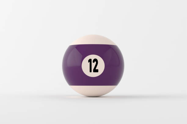 Number twelve pool ball resting on white surface Purple stripe number twelve pool ball on a white background, representing the game of billiards. 3D render. number 12 pool ball ball number stock pictures, royalty-free photos & images