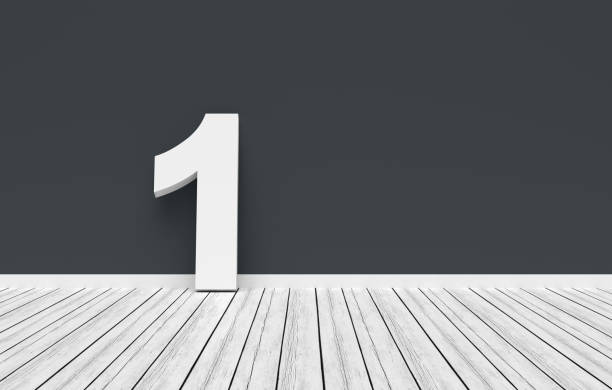 White number one leans against a dark gray wall in a minimalist room with white wooden floorboards. 3D render.