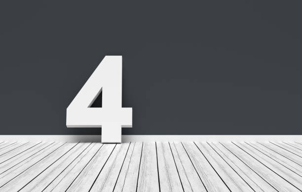 White number four leaning on a dark gray wall in a white room with wooden floor. 3D render.