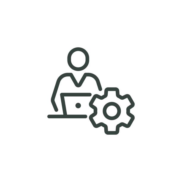 Outline icon digital service, online platform, freelance work. Line sign man professional working on laptop with gear, cogwheel. Vector isolated pictogram for web on white background editable stroke Outline icon digital service, online platform, freelance work. Line sign man professional working on laptop with gear, cogwheel. Vector isolated pictogram for web on white background editable stroke. maintenance support stock illustrations