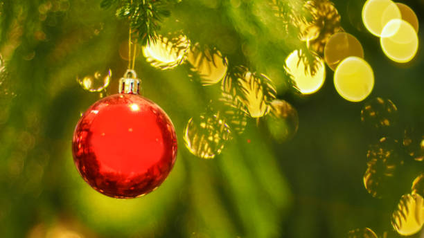 istock a bright red Christmas ornament hanging from a tree branch, surrounded by warm yellow bokeh lights and green foliage, creating a festive and cheerful atmosphere. 2191140104
