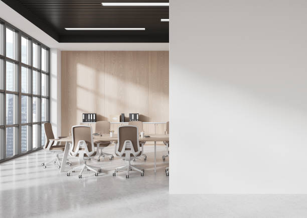 istock Modern office interior with blank wall and furniture mockup. 3D Rendering 2191140541