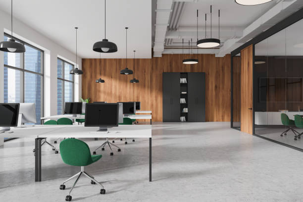 istock Office interior with coworking and conference room, panoramic window 2191140921