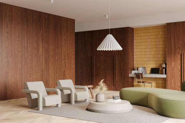 istock Wooden home interior with workplace and laptop, sofa and armchairs 2191141584