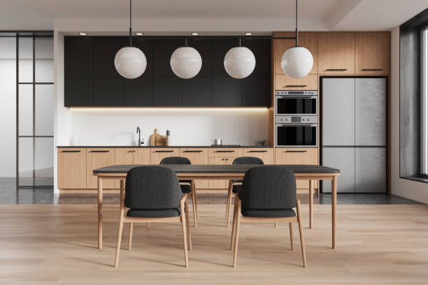 istock Modern Kitchen Interior with Wooden Cabinets and Dining Area. 3D Rendering 2191141710
