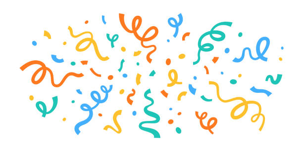 Festive Ribbons and Confetti. Party. Holiday Firework. Celebration Carnival. Firecracker. Falling colorful confetti isolated on white background