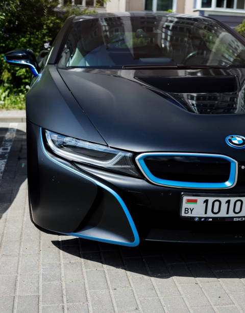 Minsk, Belarus, December 23, 2024 - Luxury BMW i8 coupe. Modern german sport car. Dark Matt color.