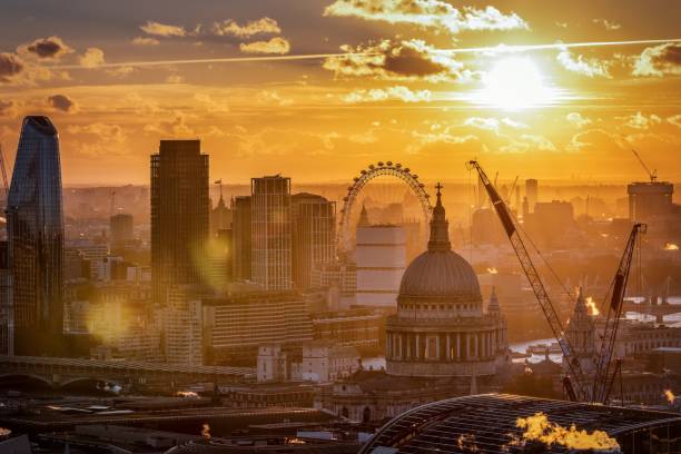 Elevated sunset view of the London downtown skyline