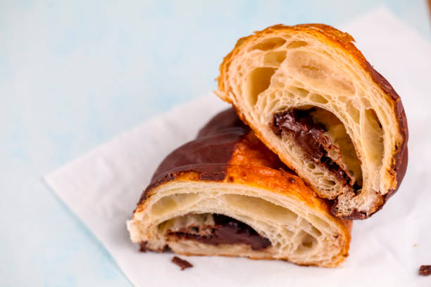 istock Freshly baked chocolate croissant on display in a bakery 2191150644