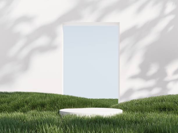 istock 3d render of podium, showcase, display in green grass. Unobtrusive botanical background with shadow on the wall. 2191150890