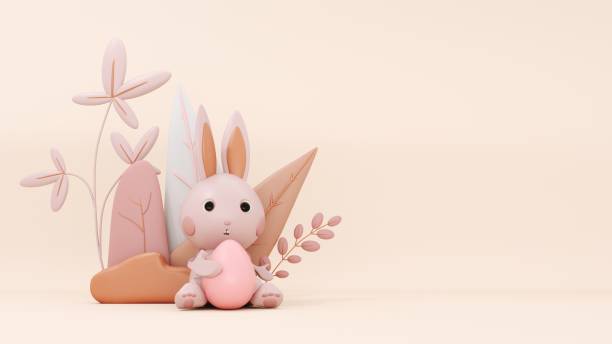 istock Happy Easter greeting card, template with bunny and eggs - 3d, render. Showcase podium, stand, platform. Festive background with cute rabbit, flowers with copy space. 2191151475