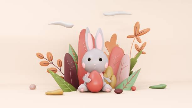 istock Happy Easter greeting card, template with bunny and eggs - 3d, render. Showcase podium, stand, platform. Festive background with cute rabbit, flowers with copy space. 2191151481