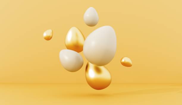 istock Abstract 3D render, Happy Easter greeting card, template with painted eggs. Holiday trend greeting card with copy space. Simple, minimalistic concept illustration for holiday events. 2191151551