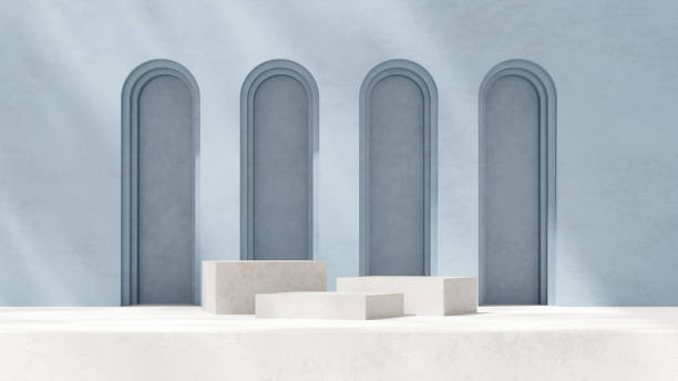 istock 3D background for product display featuring a podium and platform, with a blue backdrop and abstract geometric elements, designed for showcasing merchandise in a landscape orientation. 2191152059