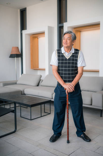 Portrait of a cheerful and stylish elderly Asian man standing in a modern living room at home.