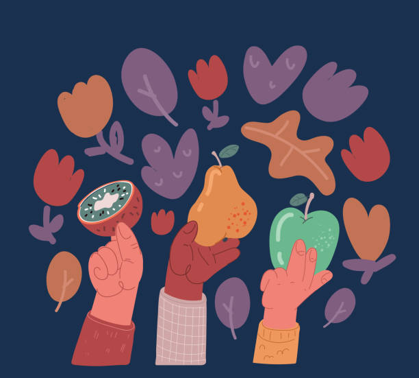 Cartoon vector illustration of hands are holding kiwi, pear, green apple Cartoon vector illustration of hands are holding kiwi, pear, green apple over dark background person holding frame over face stock illustrations