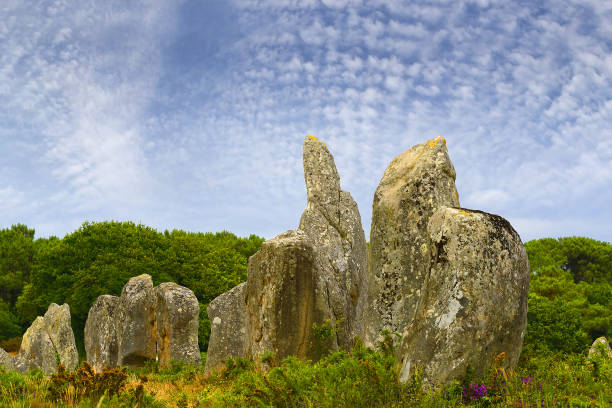 Carnac Stones, Menhirs alignment Kermario, Brittany, France. The Carnac Megalithic Lines (French: Alignements mégalithiques de Carnac) are a grouping of Neolithic menhirs and dolmens over four kilometers in southern Brittany.