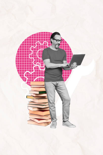 istock Collage artwork graphics picture of confident guy choosing book online library isolated white color background 2191161181