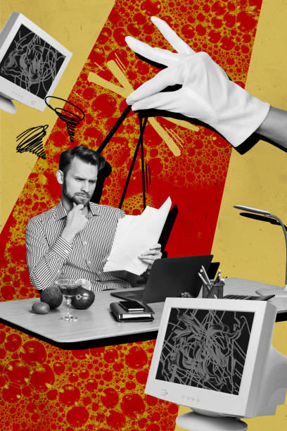 istock Vertical collage creative monochrome effect tired stressful thoughtful young man overworked marionette office worker exclusive template 2191163004