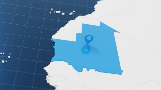 Blue Mauritania 3d map with pointer pin surrounded with other countries in white. Europe political map with borders. 3d render illustration.