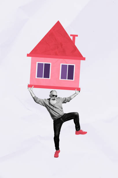 istock Vertical creative image funky retired man holding house real estate purchase ownership settlement dream reach goal achievement 2191164003
