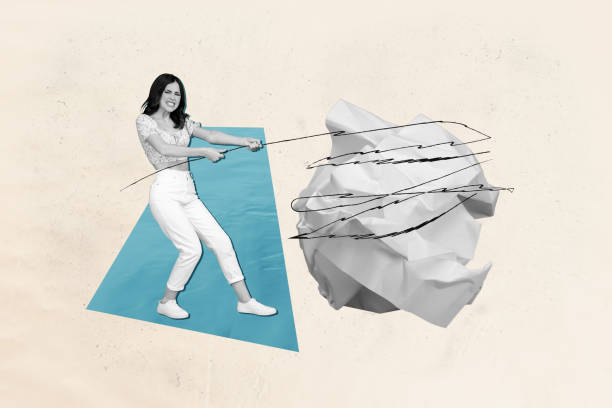 istock Horizontal composite creative collage illustration of woman black white gamma arms pull huge crumpled paper with rope effort 2191164455
