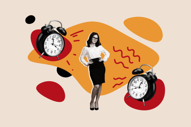 istock Creative collage picture illustration monochrome effect alarm clock ring beautiful happy smile young woman pose exclusive colorful template 2191165024
