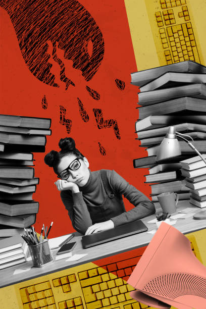 istock Vertical creative collage poster sitting bored young girl worker student overwhelmed workaholic book stack reader laptop comics concept 2191165027