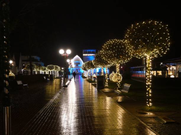 istock Festive promenade with glowing trees and reflections. 2191165576