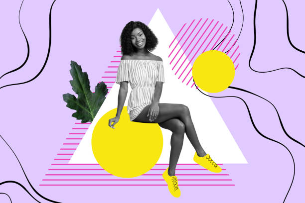 istock Creative collage poster image black white filter smile lovely beautiful young woman sit pose model sketch draw purple yellow background 2191165957