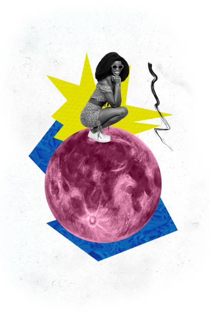 istock Vertical collage creative poster black white effect charm cheerful smile young woman model sit pose planet sketch colorful figure 2191165959