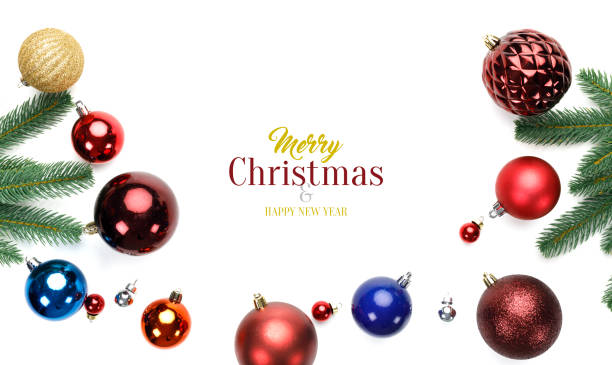 istock Christmas balls and fir tree branches with greeting text on isolated white background 2191172484