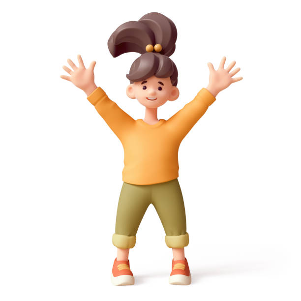 istock 3d render excited cheerful smiling child girl waves both hands in greeting, hi gesture. 2191174199