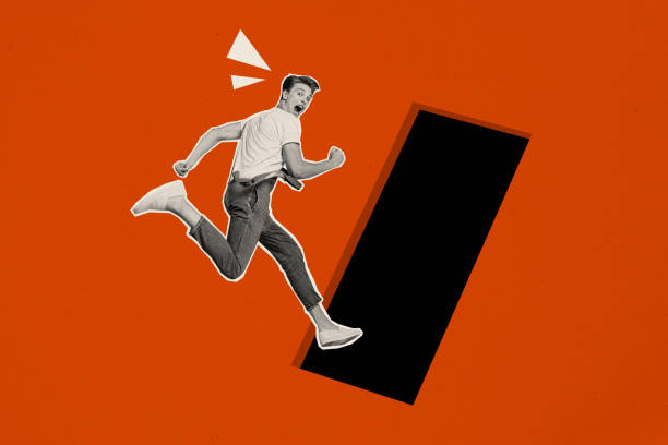 istock Contemporary art collage of funky guy running fast into black unknown hole scared escape from reality isolated over red color background 2191174514