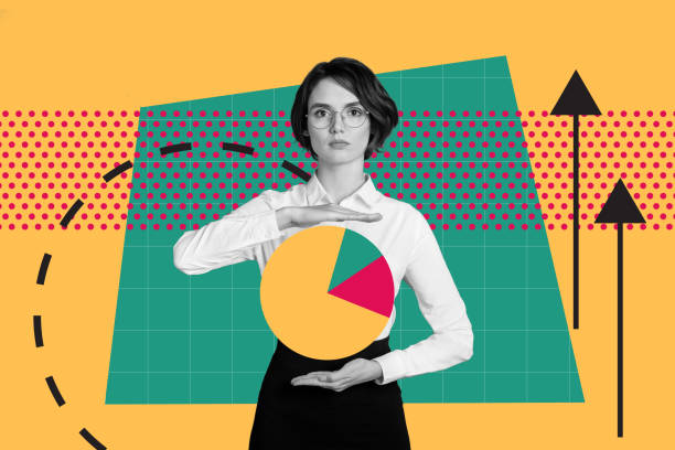istock Creative collage picture monochrome effect bossy serious attractive young lady hold levitation diagram arrow colorful template 2191174808