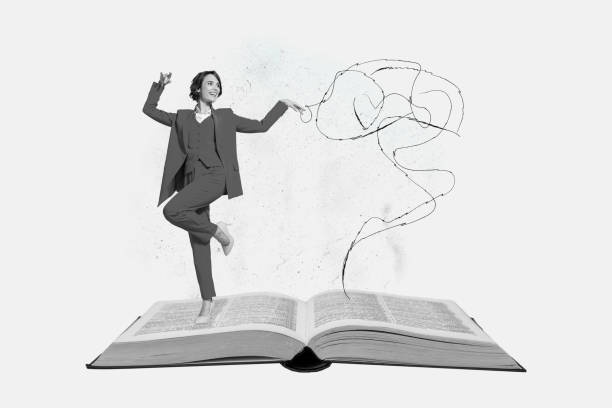 istock Creative image photo collage young cheerful girl student reader standing huge book story reader author library bookshop sales promo 2191174915