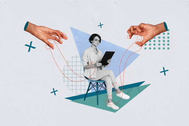 istock Photo collage sitting young woman browsing tablet human arms authority control pull wires marionette manipulation drawing background 2191174921