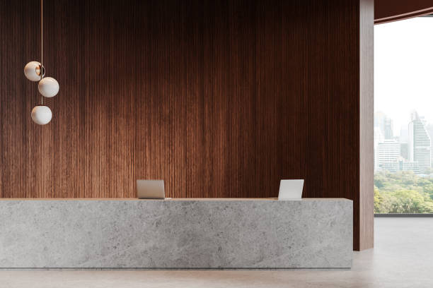 istock Modern Minimalist Hotel Reception Area with City View. 3D Rendering 2191175541