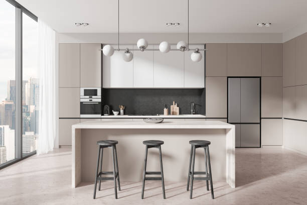 istock Modern kitchen interior with island, stools, cabinets, and large windows overlooking cityscape. 3D Rendering 2191176115