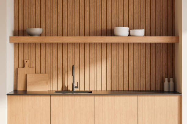 istock Modern kitchen interior with wooden cabinets, countertop, and shelf in minimalist design. 3D Rendering 2191176430