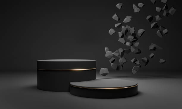 istock Podium for mockup template with copy space and falling stones. Dark matte pedestal 2191177324